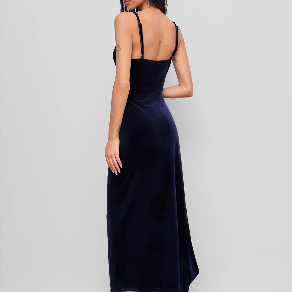 VELVET NAVY INDIGO V-NECK SPLIT RUFFLE HEM MAXI SLEEVELESS V NECK DRESS - Picture 5 of 8
